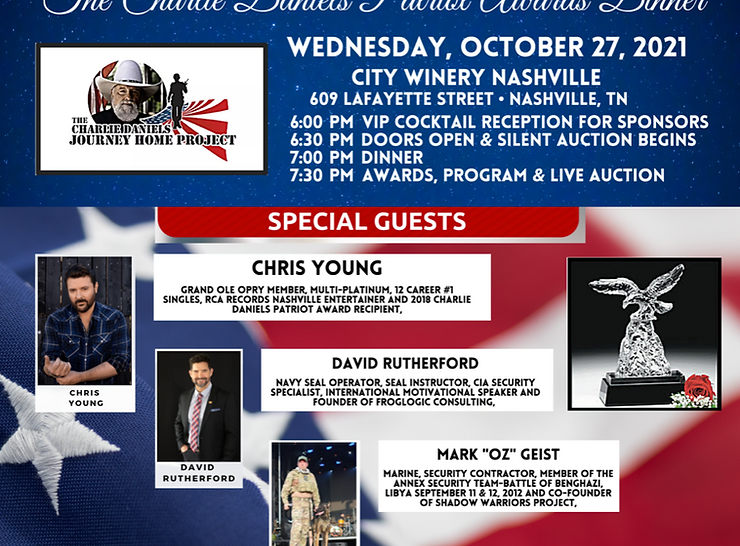 THE CHARLIE DANIELS PATRIOT AWARDS DINNER SET FOR OCT. 27 AT NASHVILLE’S CITY WINERY
