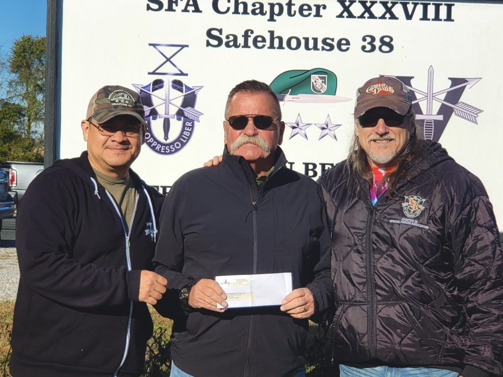 Pictured Here, SFA Chapter 38 Secretary Israel Betanzos, The Journey Home Project Co-Founder David Corlew, SFA Chapter 38 President and Fifth Group Master Sgt (Ret.) Joel Pruitt